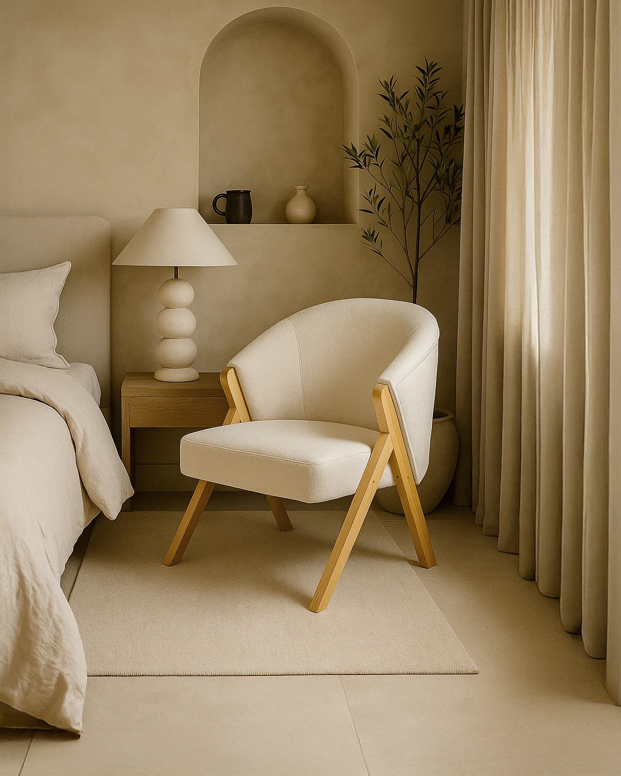 Sagunto Upholstered Armchair (Bouclé White Fabric) – Modern Boho Accent Chair with Wooden Frame