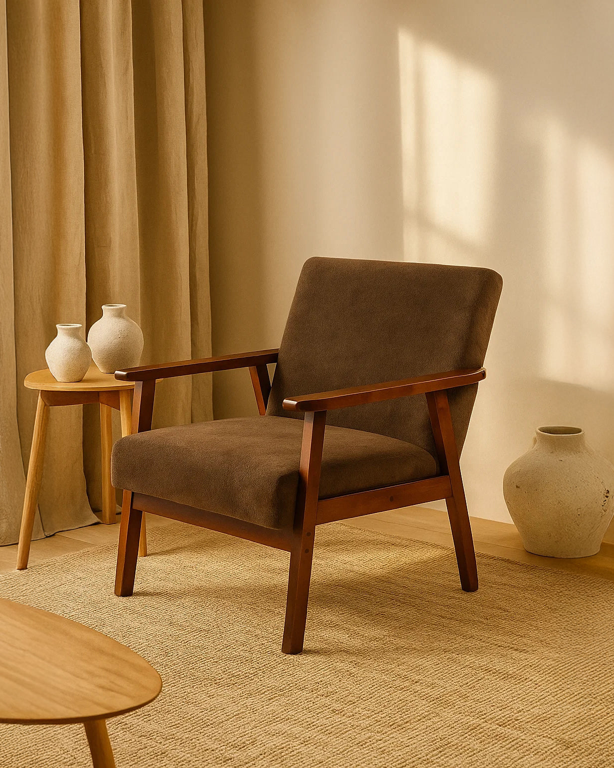 Sarria Mid-century Upholstered Armchair (Tierra Brown Fabric) – Scandinavian Style 1 Seater Sofa - Marcel Olsen