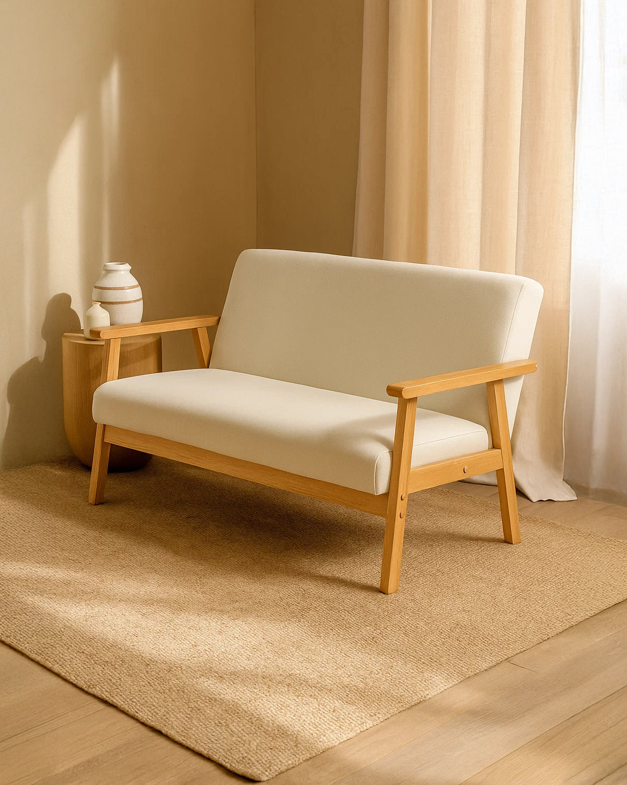 Sarria Mid-century Upholstered Sofa (Arena Beige Fabric) – Scandinavian Style 2 Seater Sofa - Marcel Olsen