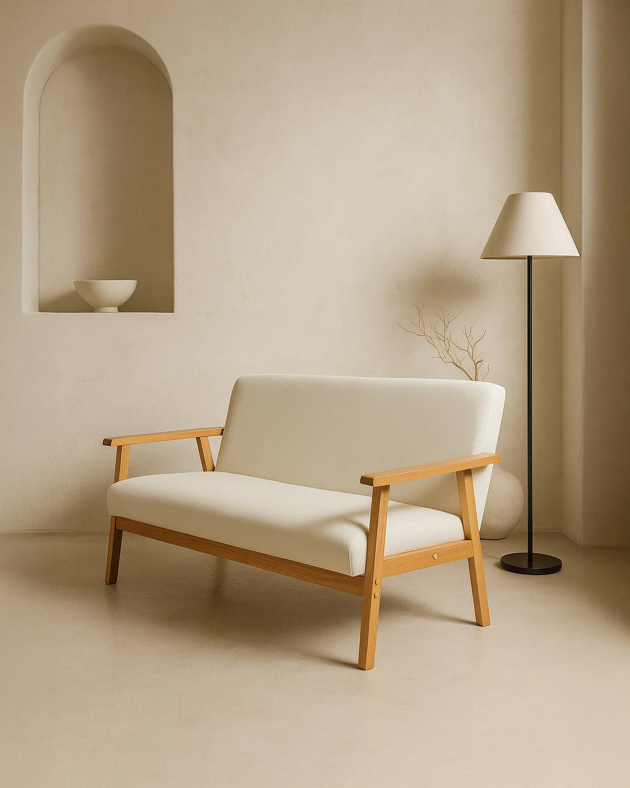 Sarria Mid-century Upholstered Sofa (Arena Beige Fabric) – Scandinavian Style 2 Seater Sofa - Marcel Olsen