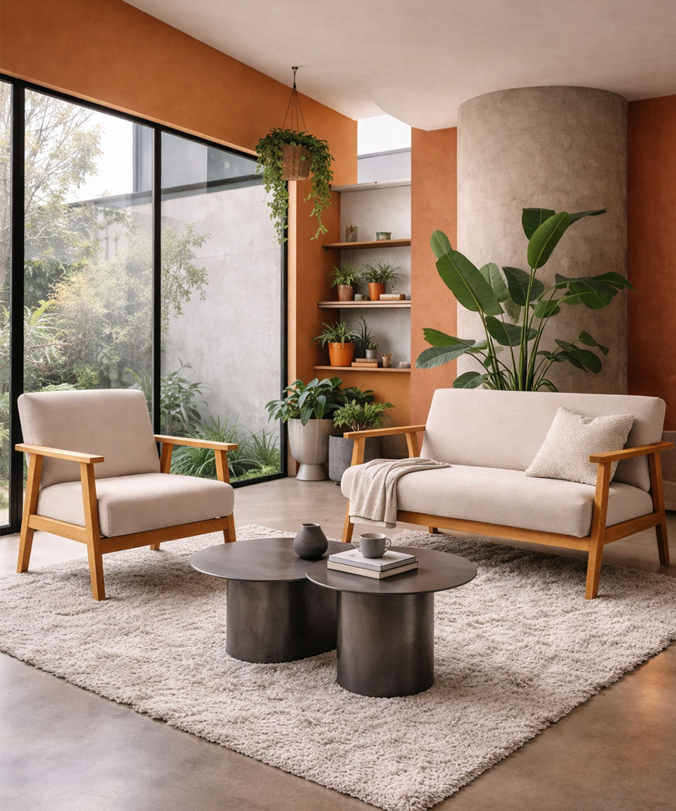 Sarria Mid-century Upholstered Armchair (Arena Beige Fabric) – Scandinavian Style 1 Seater Sofa - Marcel Olsen