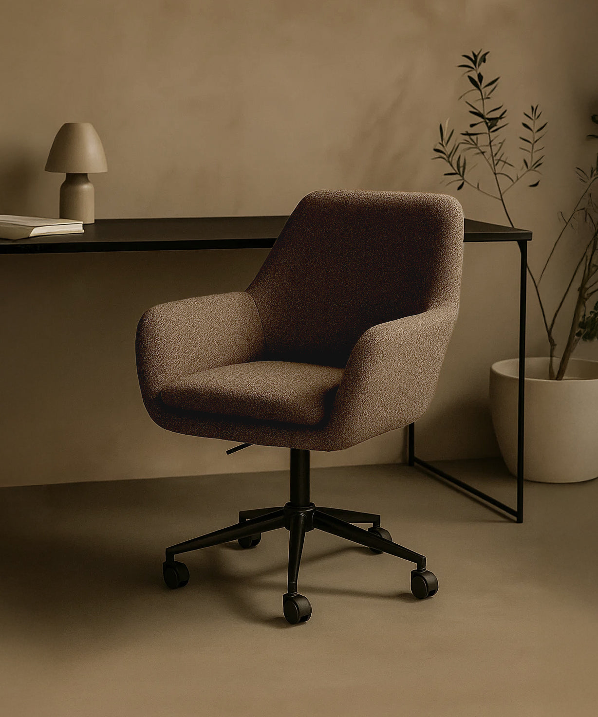 Sheepskin Upholstered Desk Chair (Smoked Oak Brown Bouclé) – Modern Home Office Swivel Chair - Marcel Olsen