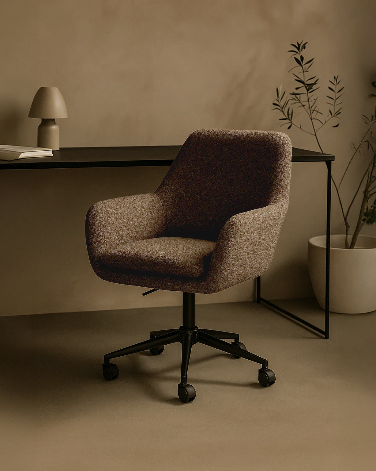 Sheepskin Upholstered Desk Chair (Smoked Oak Brown Bouclé) – Modern Home Office Swivel Chair - Marcel Olsen