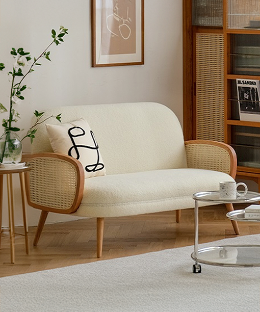 Boho Upholstered Rattan Sofa (Natural Beige Fabric) – Bohemian Style 2 Seater Sofa - Marcel Olsen