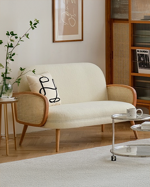 Boho Upholstered Rattan Sofa (Natural Beige Fabric) – Bohemian Style 2 Seater Sofa - Marcel Olsen