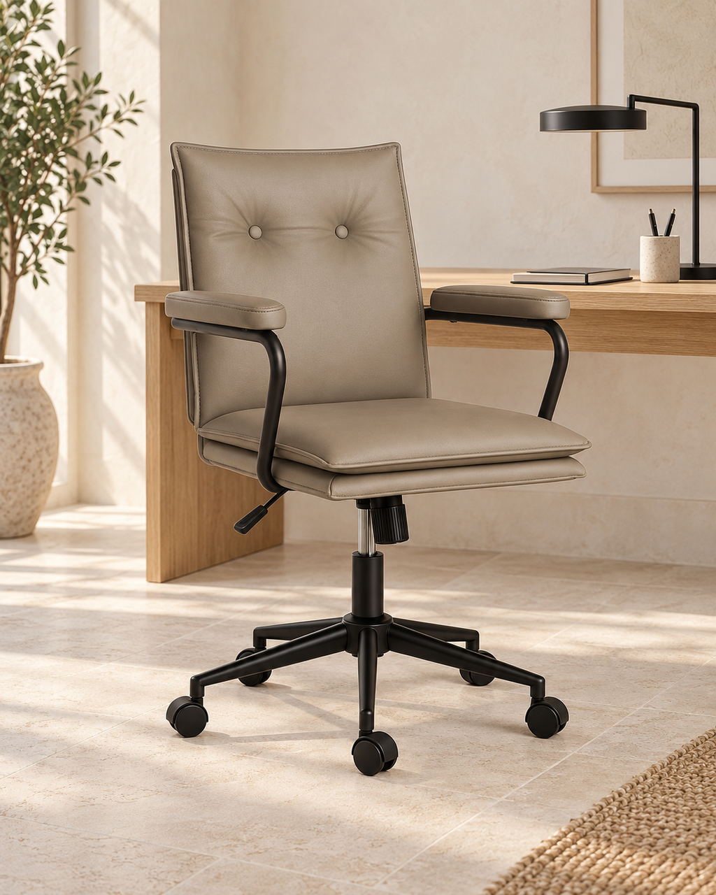 Smoke Beige Executive office chair in PU faux leather with a black base, beside a light oak desk in a bright home office
