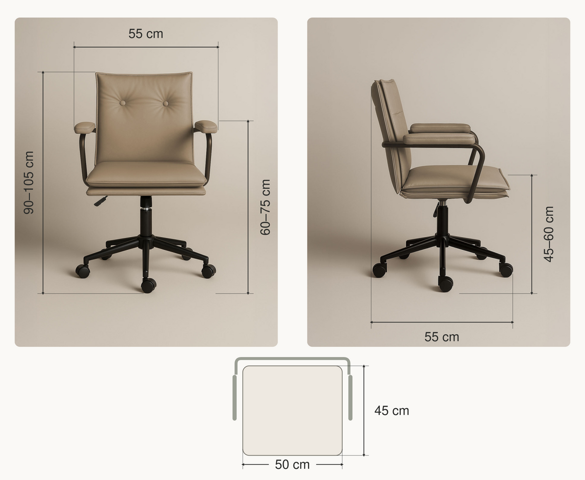 Beige Executive chair dimensions: overall height 90–105 cm, width and depth 55 cm, seat height 45–60 cm, armrest height 60–75 cm, seat width 50 cm and depth 45 cm