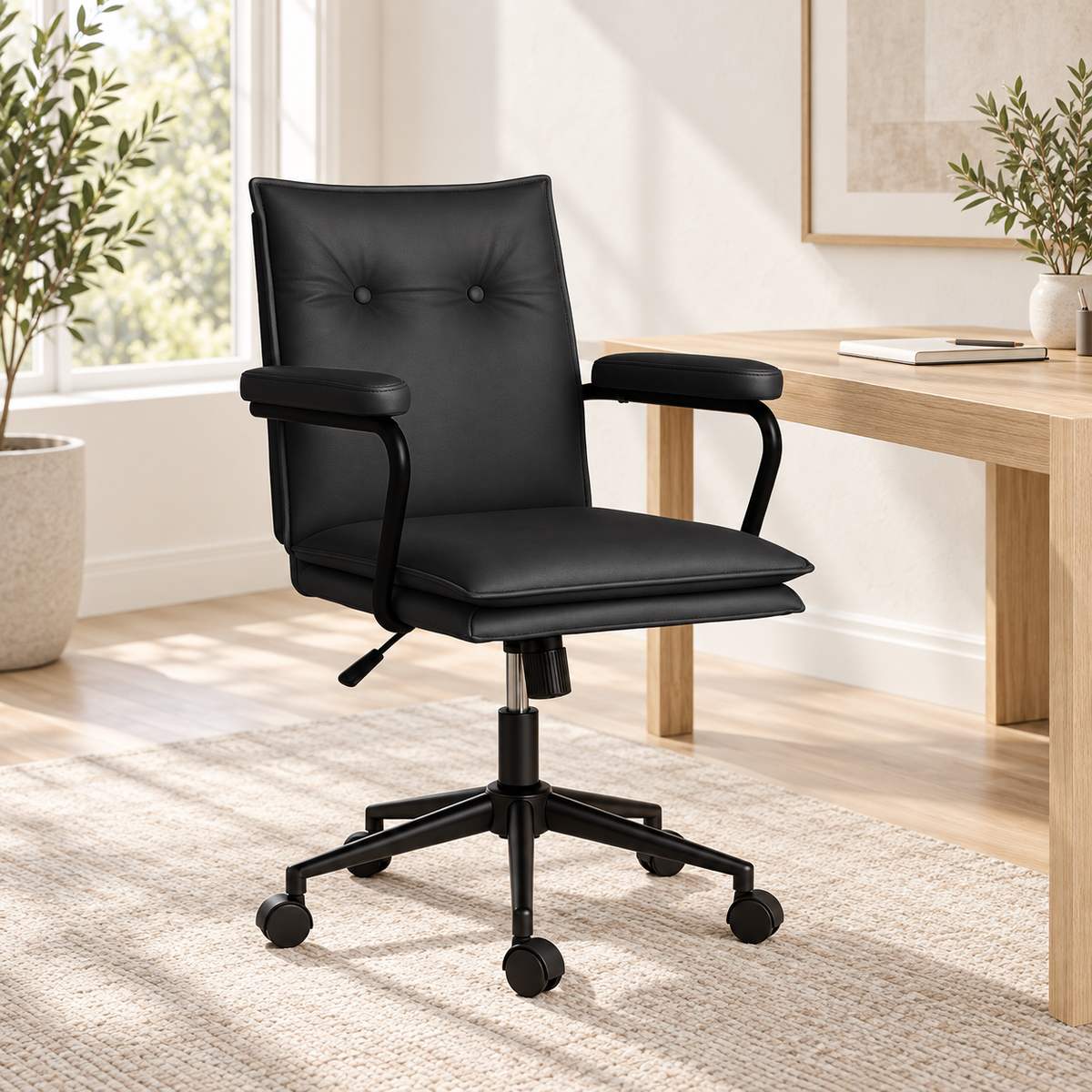 Black Executive faux leather office chair beside a pale oak desk in a bright home workspace