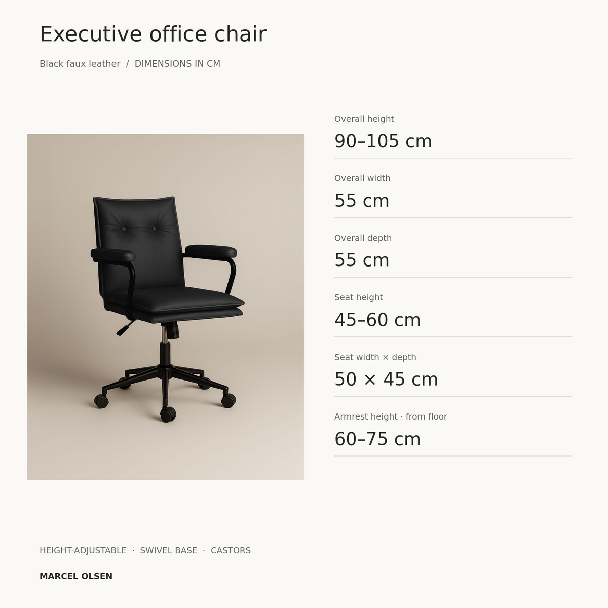 Black Executive faux leather office chair dimensions: overall size, adjustable seat height, seat width and depth, and armrest height