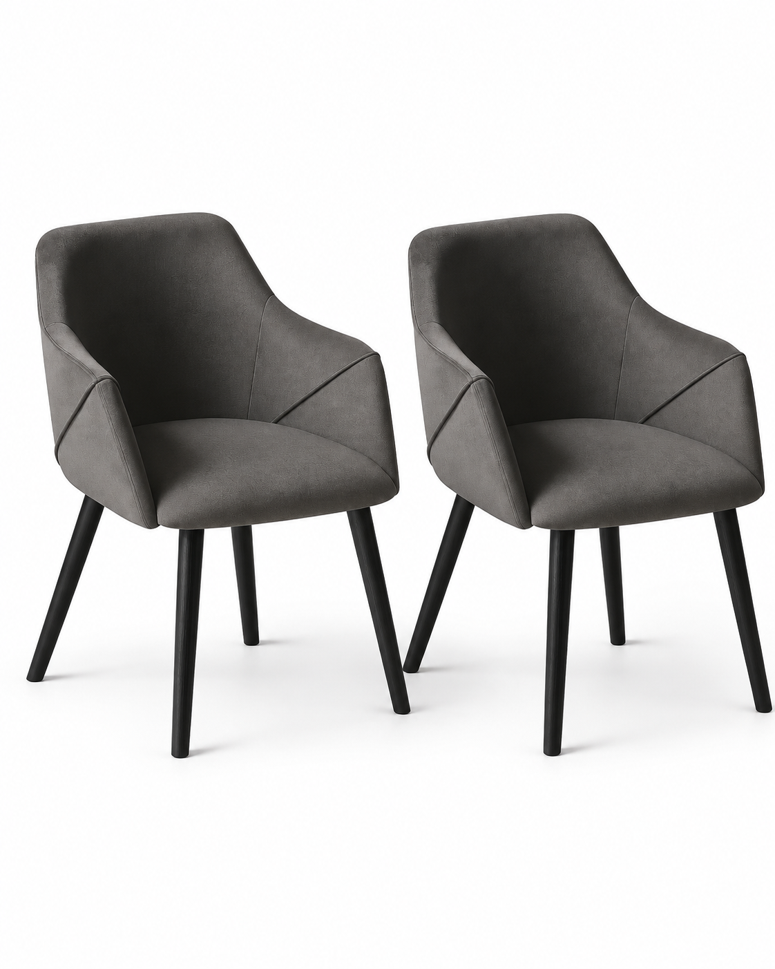 Set of 2 Bonanova velvet dining chairs in Pebble Grey with black wooden legs on a white background