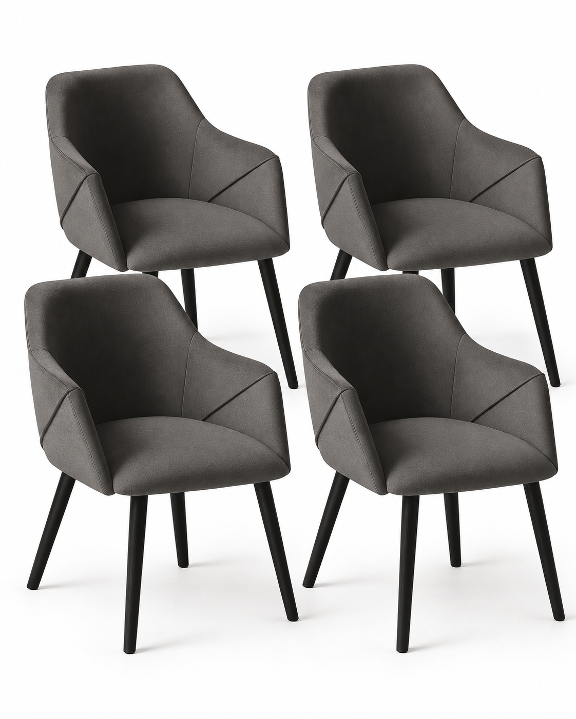 Set of 4 Bonanova velvet dining chairs in Pebble Grey with black wooden legs on a white background