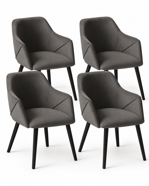 Set of 4 Bonanova velvet dining chairs in Pebble Grey with black wooden legs on a white background