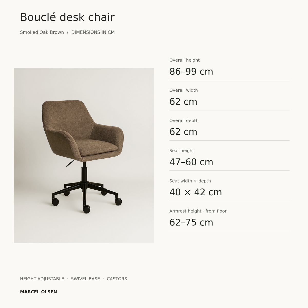 Smoked Oak Brown bouclé desk chair dimensions: overall size, adjustable seat height, seat width and depth, and armrest height