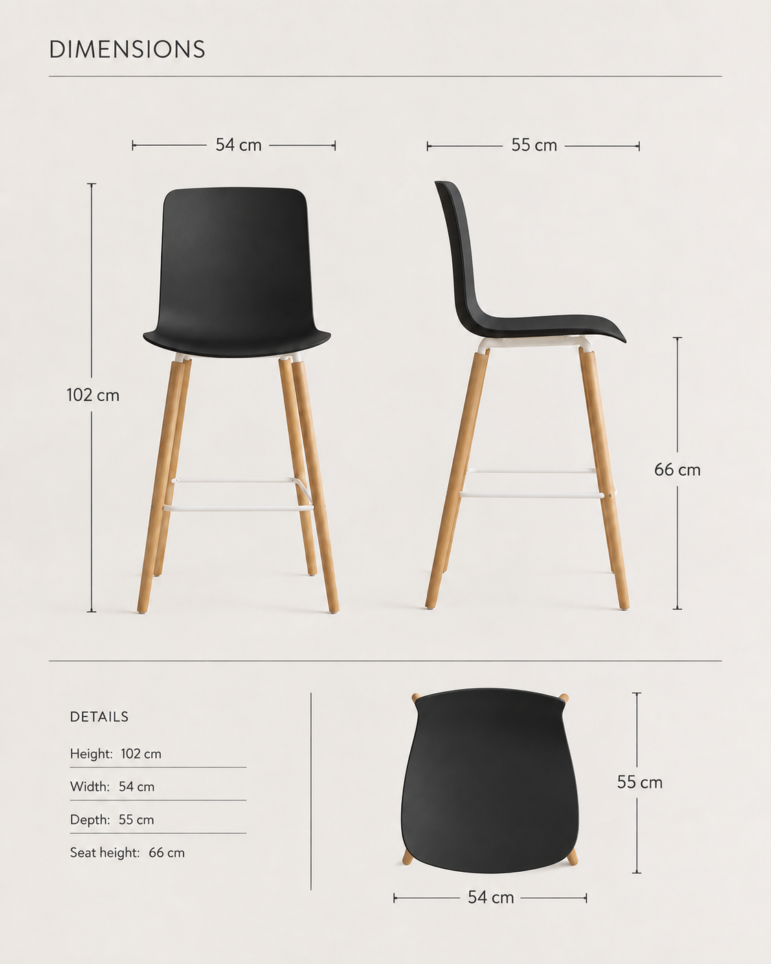 Casco black-seat bar stool dimensions: 102 cm high, 54 cm wide, 55 cm deep, seat height 66 cm