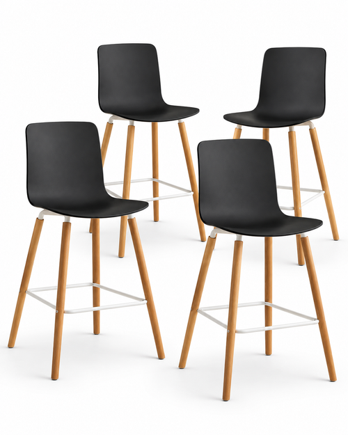Four Casco bar stools with black seats, white metal frames and wooden legs