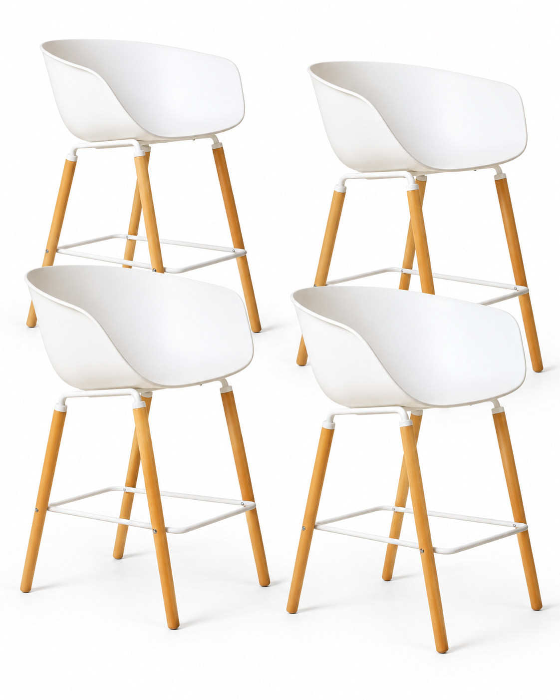 Four Casco Arctic White bar stools with arms, wooden legs and white metal footrests