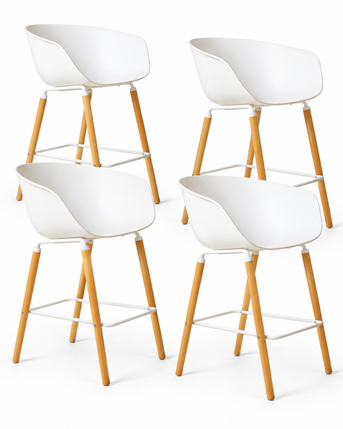 Four Casco Arctic White bar stools with arms, wooden legs and white metal footrests