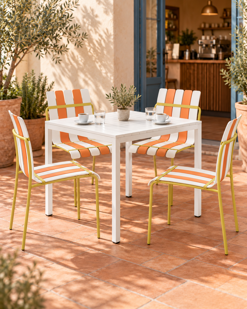 Pack de 16 sillas Ondara naranja cítrico, amarillo y blanco para hostelería y apartamentos