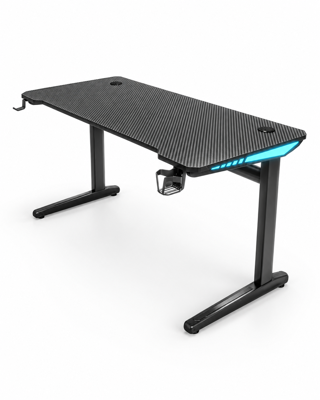 Core 120 black gaming desk with RGB lighting, cup holder and headset hook on a white background
