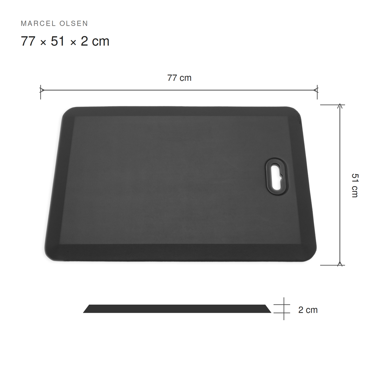 Cushioned anti-fatigue mat dimensions: 77 cm long, 51 cm wide and 2 cm thick.
