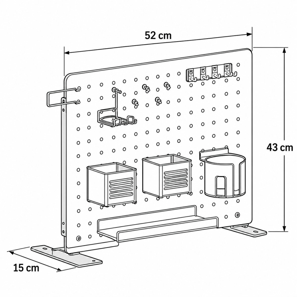 Desk pegboard dimensions: 52 cm wide, 43 cm high and 15 cm deep