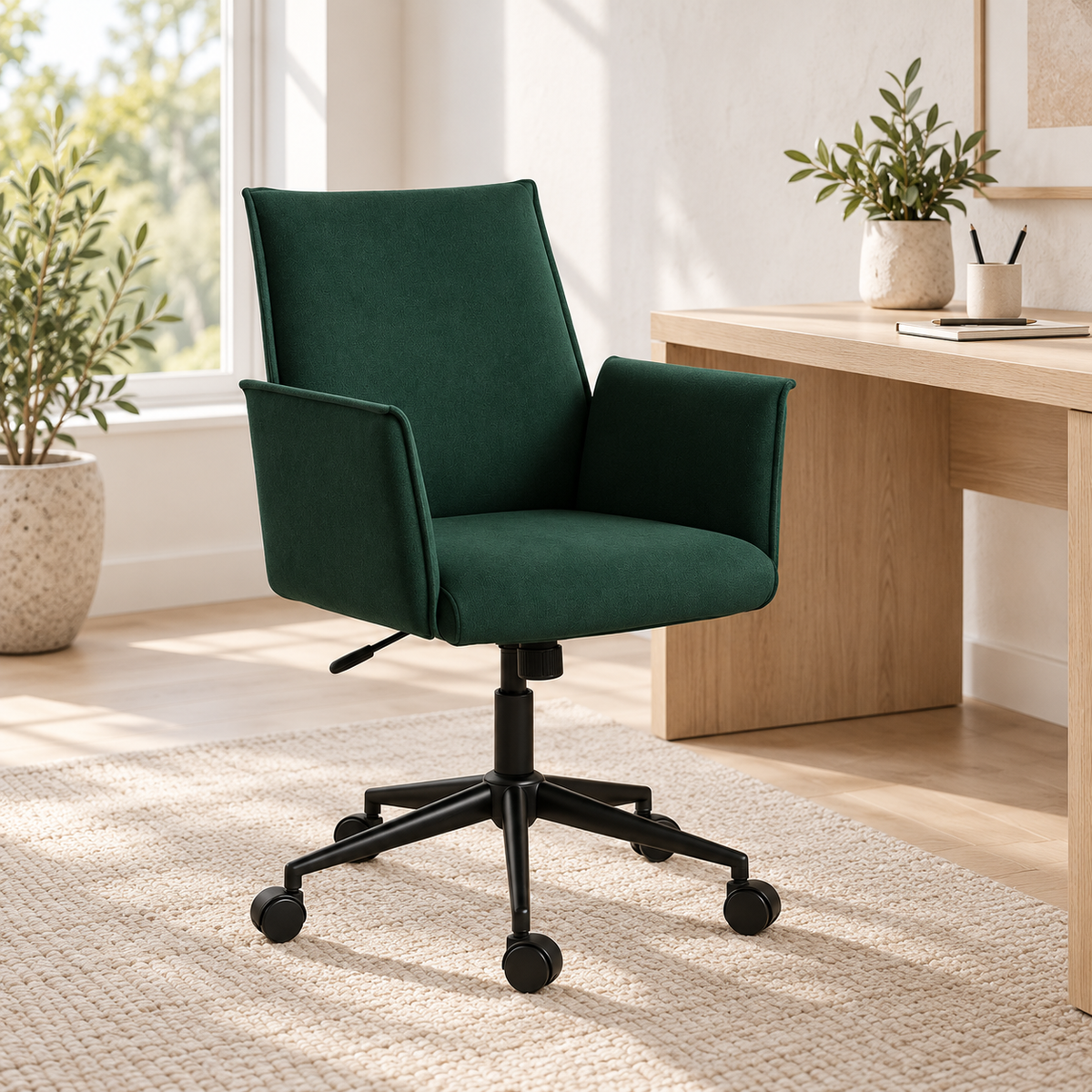 Whisper Green Rello fabric office chair beside a pale oak desk in a bright home workspace