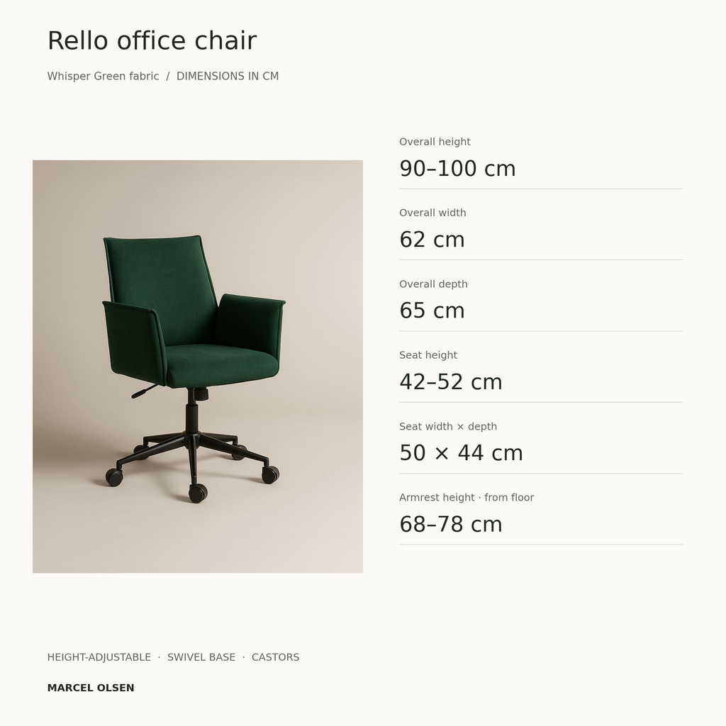 Whisper Green Rello fabric office chair dimensions: overall size, adjustable seat height, seat width and depth, and armrest height