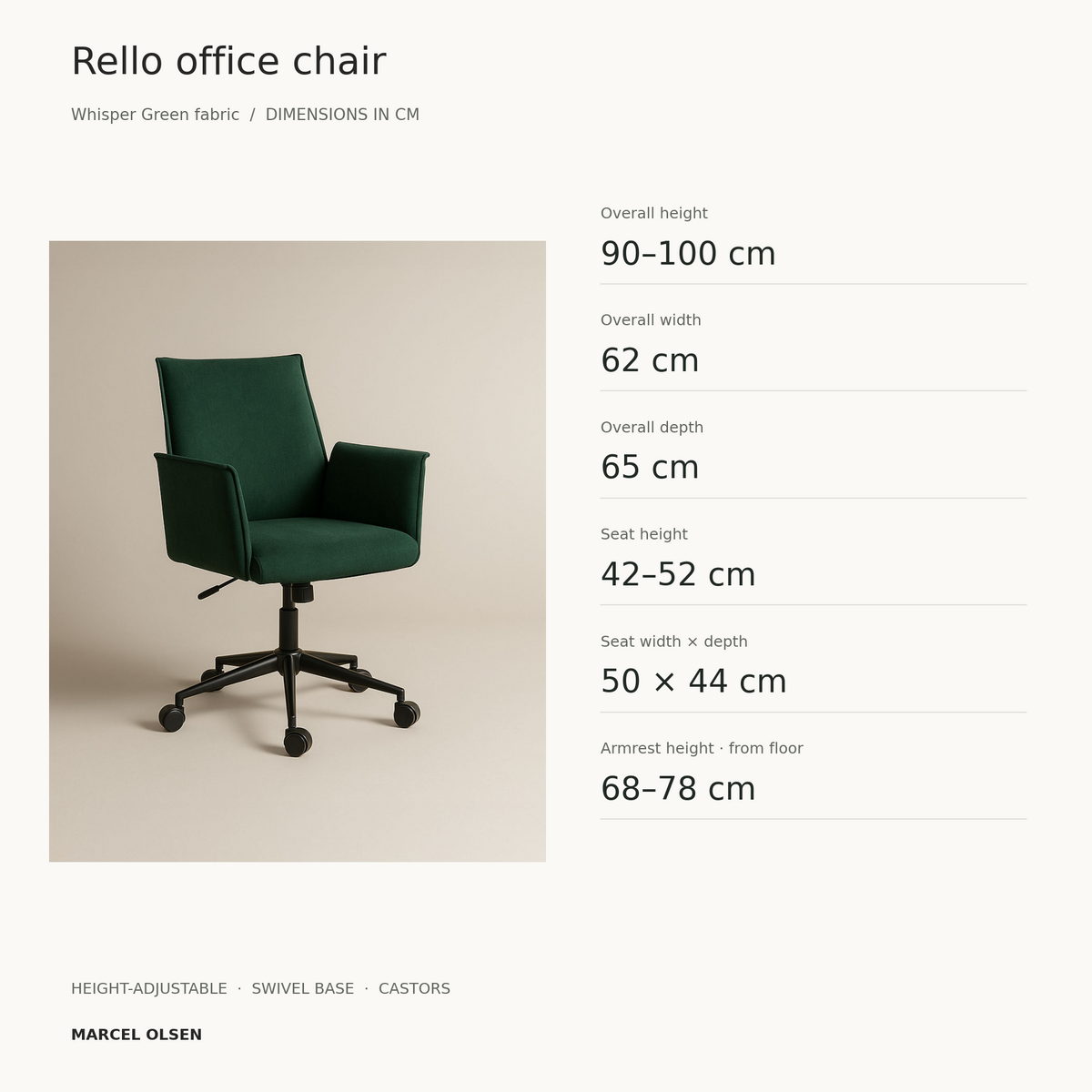 Whisper Green Rello fabric office chair dimensions: overall size, adjustable seat height, seat width and depth, and armrest height