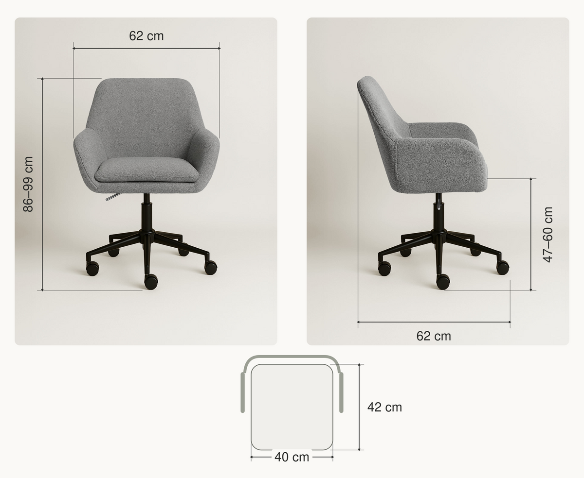 Grey bouclé desk chair dimensions: height 86–99 cm, width and depth 62 cm, seat height 47–60 cm, seat width 40 cm and depth 42 cm