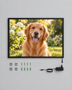 Pet photo frame with printed dog portrait, EU mains adapter and mounting accessories