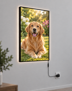 Pet portrait LED frame showing the power cable connected to an EU wall socket