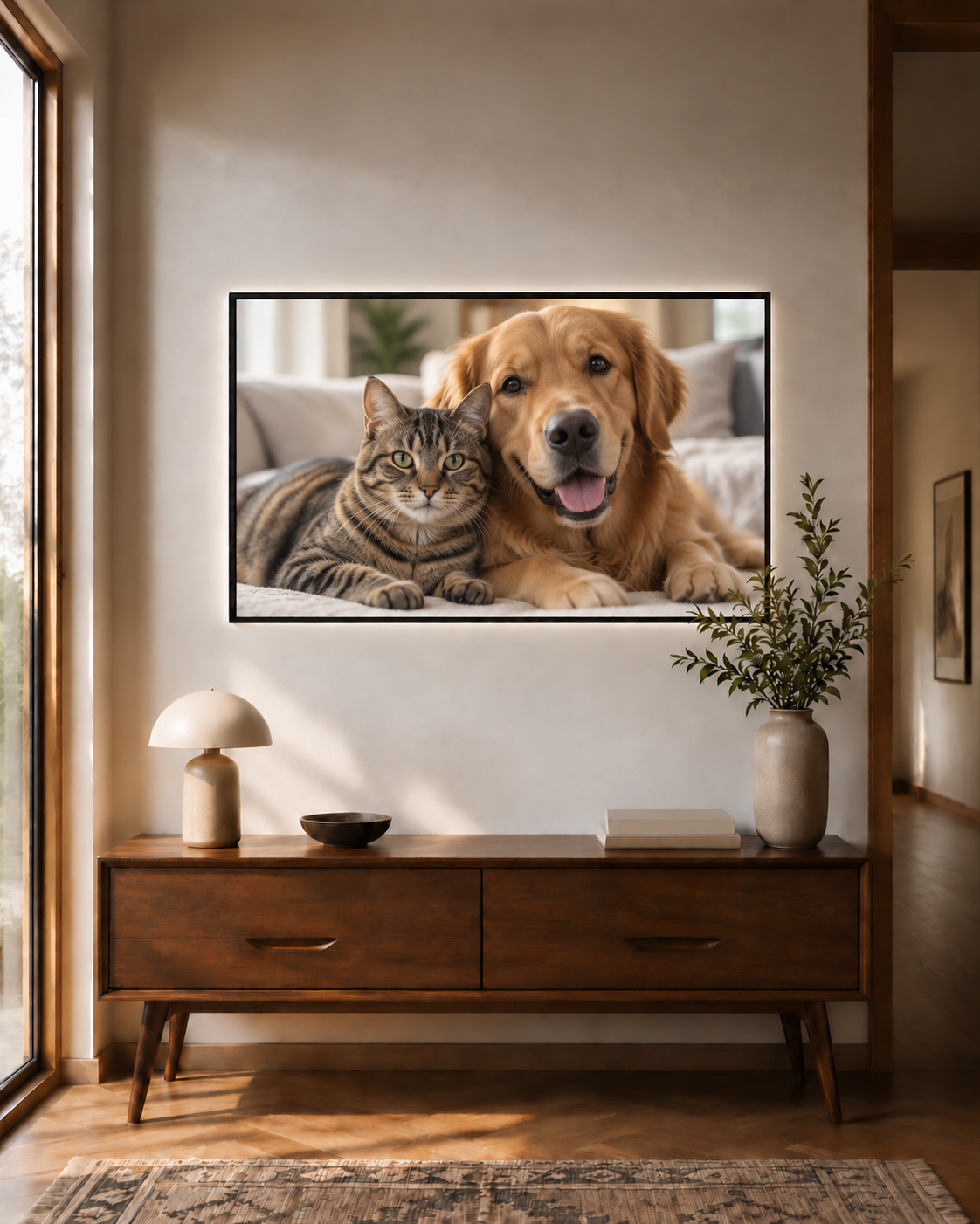 Black illuminated landscape photo frame displaying a dog and cat above a wooden console