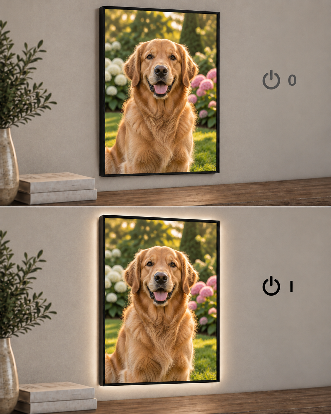 Illustrative pet photo frame comparison with LED lighting off and on