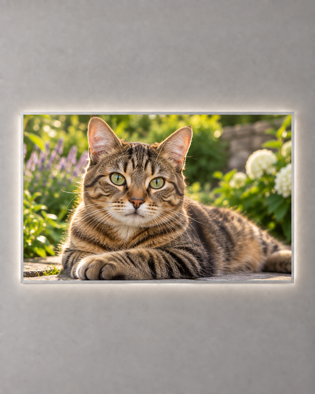 Silver landscape illuminated photo frame displaying a tabby cat portrait