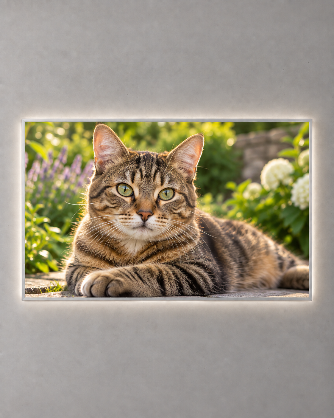 Silver landscape illuminated photo frame displaying a tabby cat portrait