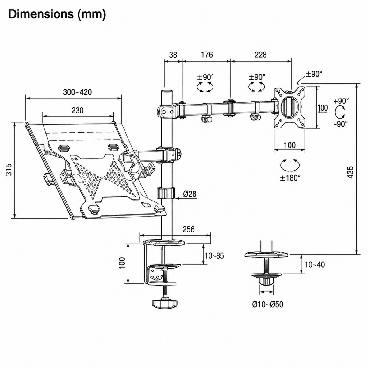 Laptop and monitor mount dimensions showing VESA 100 × 100 mm, tray sizes and mounting limits