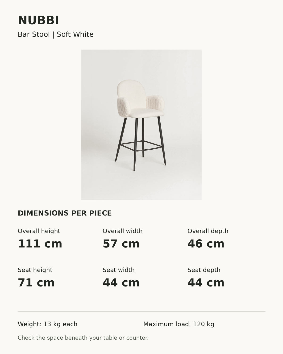 Nubbi Upholstered Bar Stools – 71 cm, Dimensions per piece (Soft White)