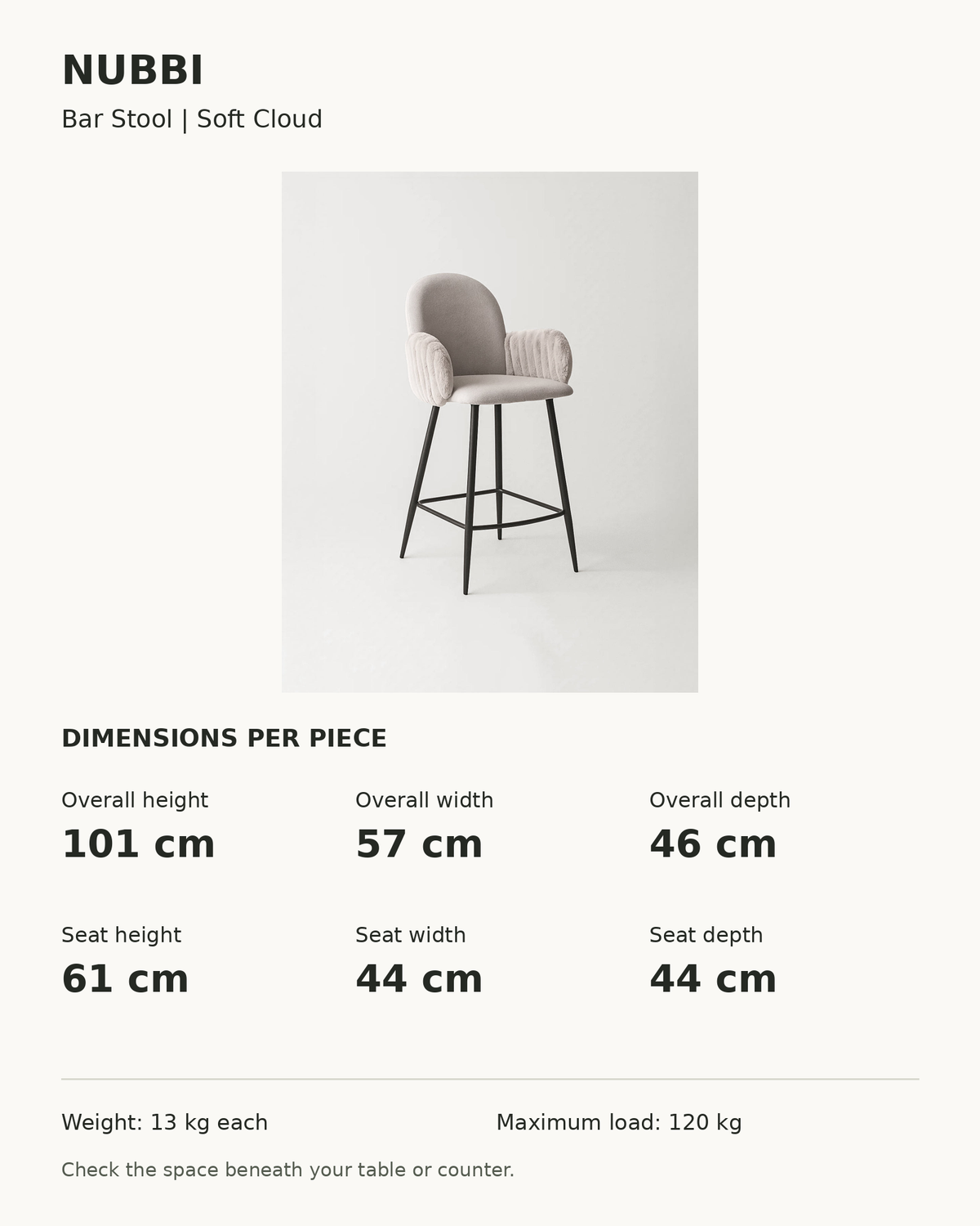 Nubbi Upholstered Bar Stools – 61 cm, Dimensions per piece (Soft Cloud)