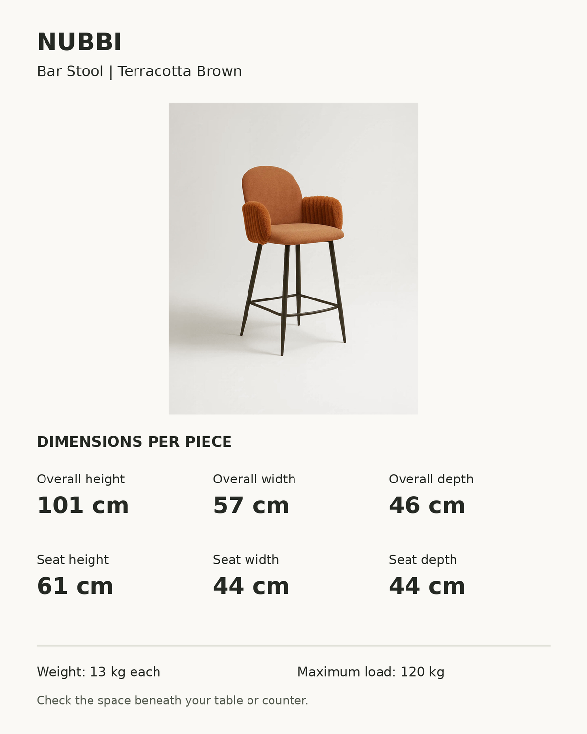 Nubbi Upholstered Bar Stools – 61 cm, Dimensions per piece (Terracotta Brown)