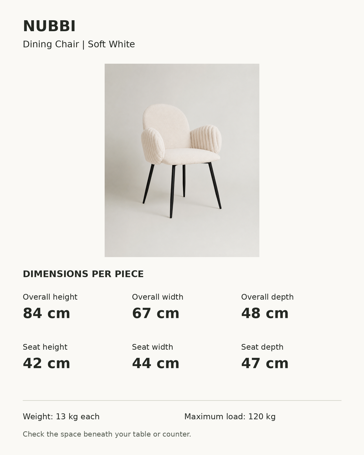 Nubbi Upholstered Dining Chairs – Dimensions per piece (Soft White)