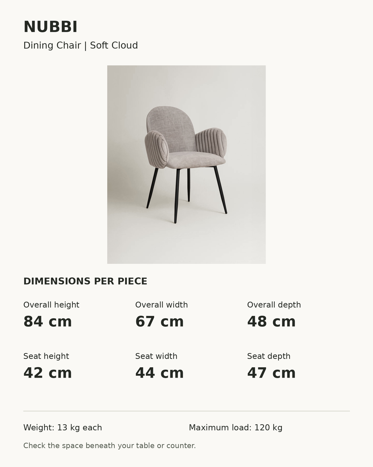 Nubbi Upholstered Dining Chairs – Dimensions per piece (Soft Cloud)
