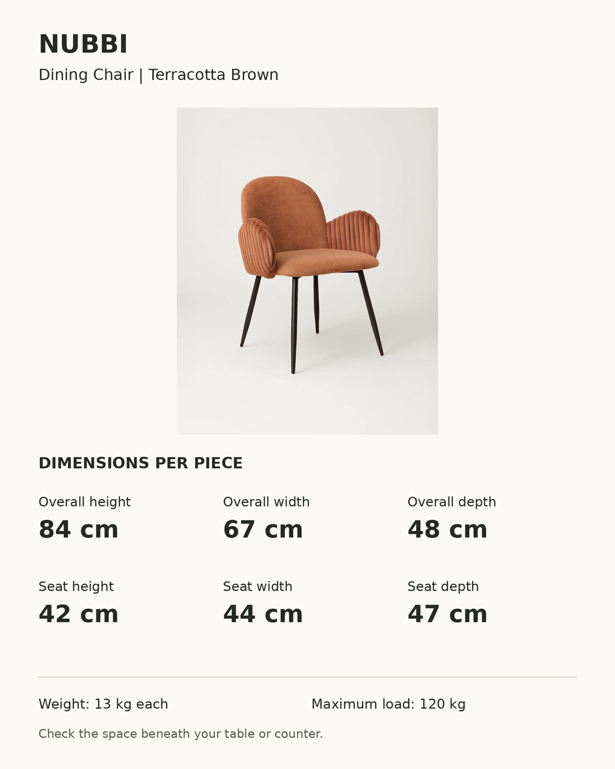 Nubbi Upholstered Dining Chairs – Dimensions per piece (Terracotta Brown)