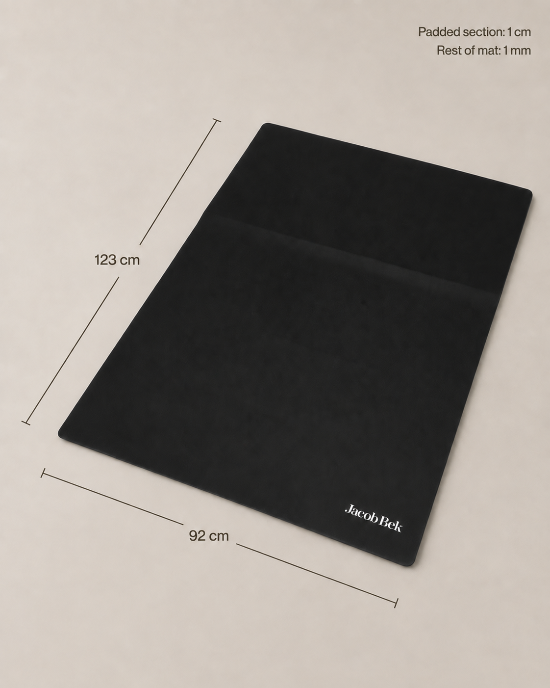 Office chair mat measuring 123 × 92 cm, with a 1 cm padded section and a 1 mm remainder.