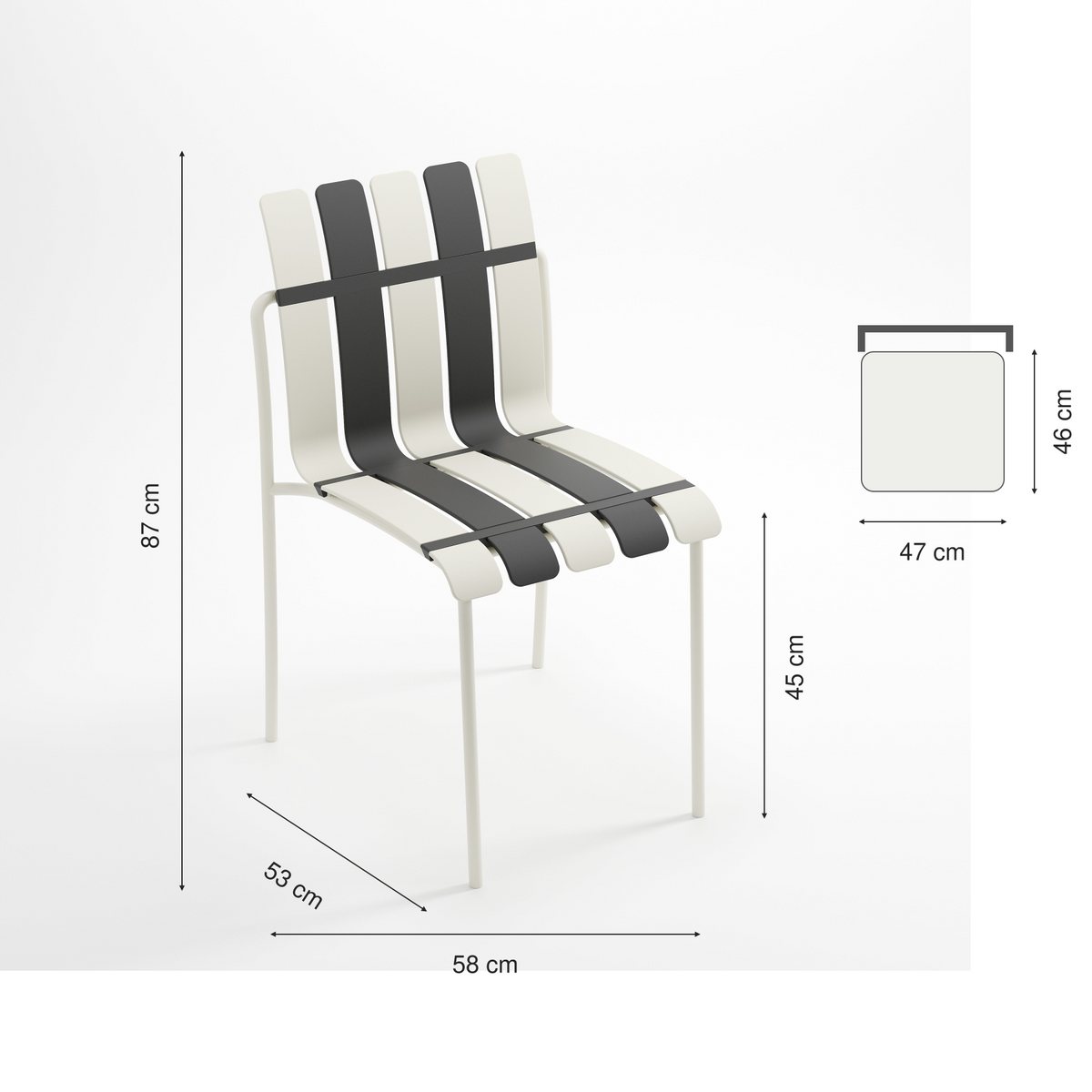Ondara chair dimensions: height 87 cm, width 58 cm, depth 53 cm, seat height 45 cm, seat width 47 cm and depth 46 cm