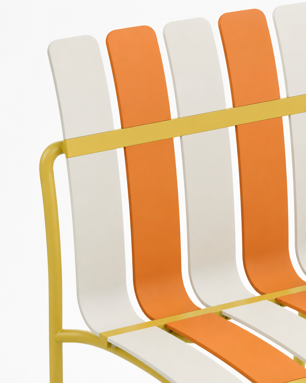 Close-up of the striped slats and metal frame of the Ondara dining chair in Citrus Orange, Yellow & White