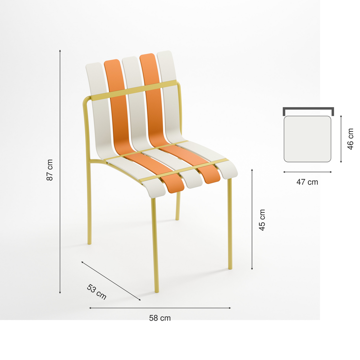 Ondara chair dimensions: height 87 cm, width 58 cm, depth 53 cm, seat height 45 cm, seat width 47 cm and depth 46 cm