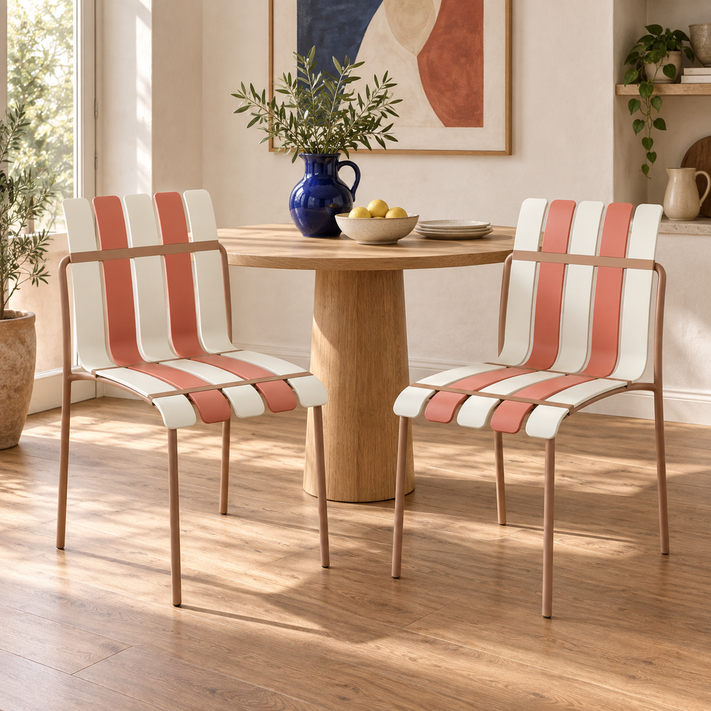 Two Ondara striped dining chairs, beige, styled indoors; table and accessories not included