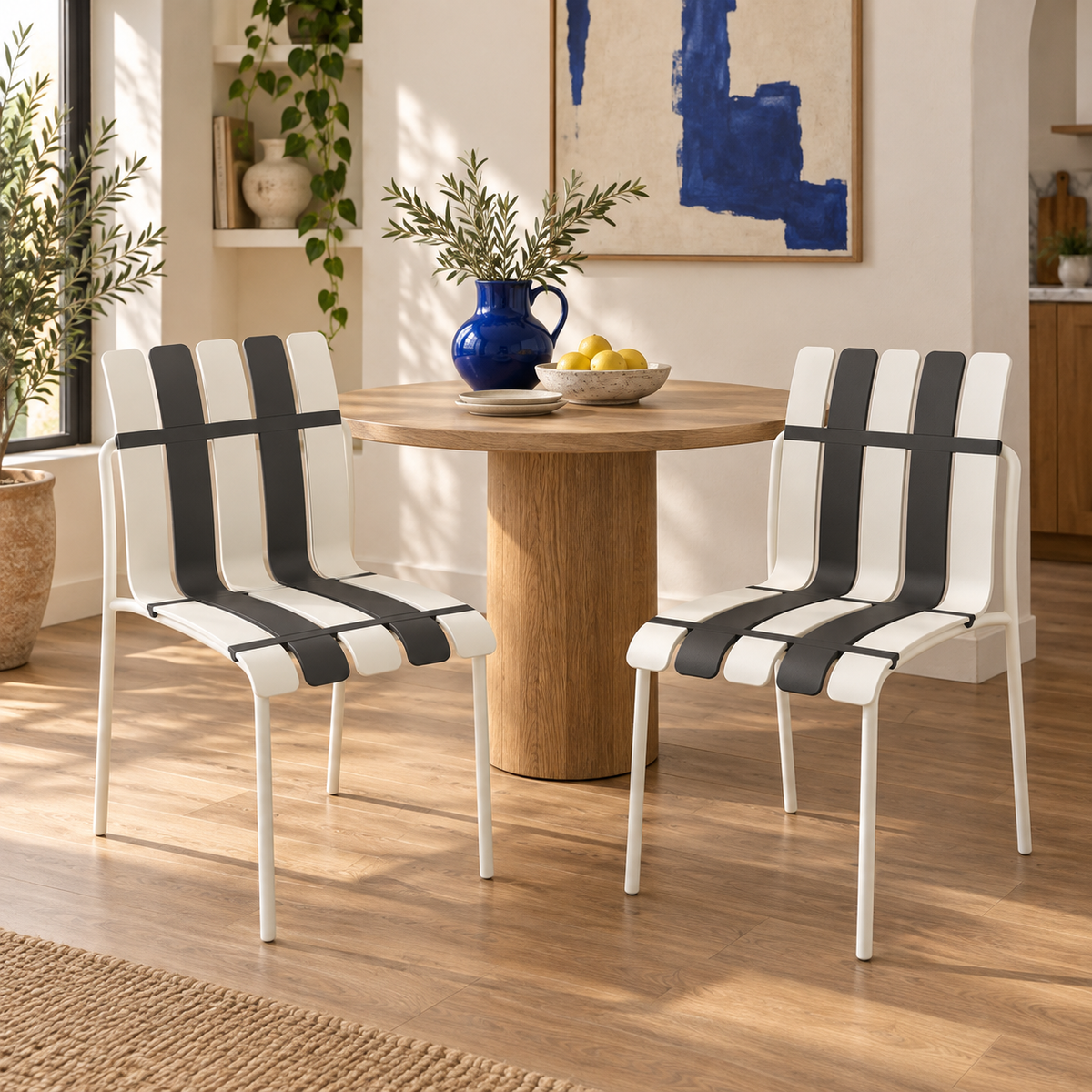 Two Ondara striped dining chairs, black-white, styled indoors; table and accessories not included