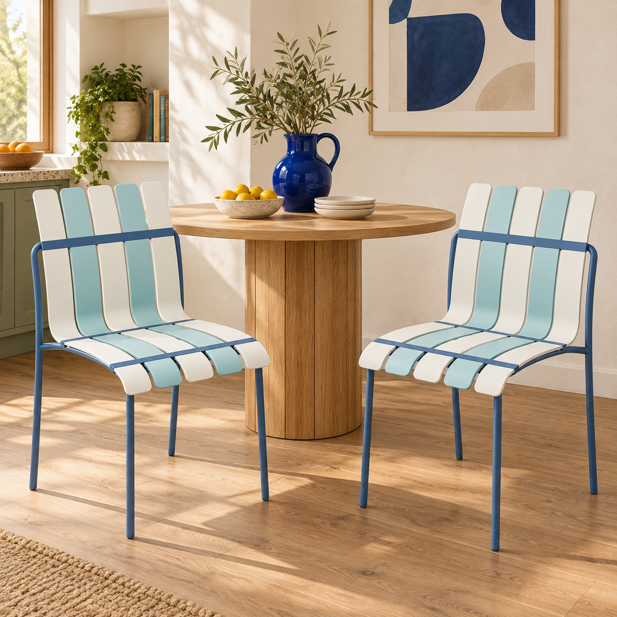 Two Ondara striped dining chairs, blue, styled indoors; table and accessories not included