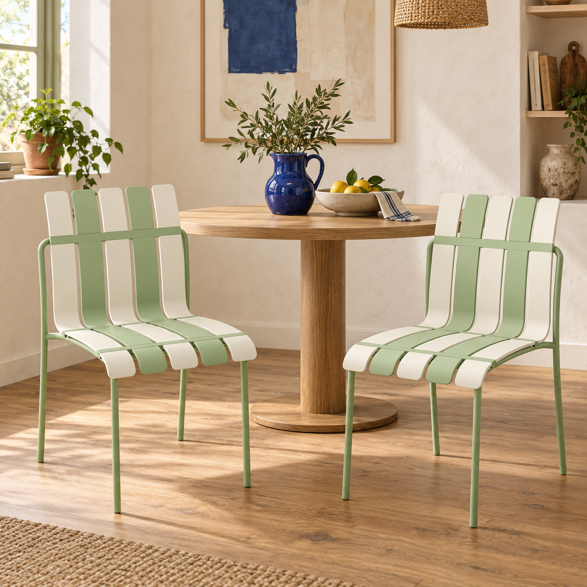 Two Ondara striped dining chairs, sage, styled indoors; table and accessories not included